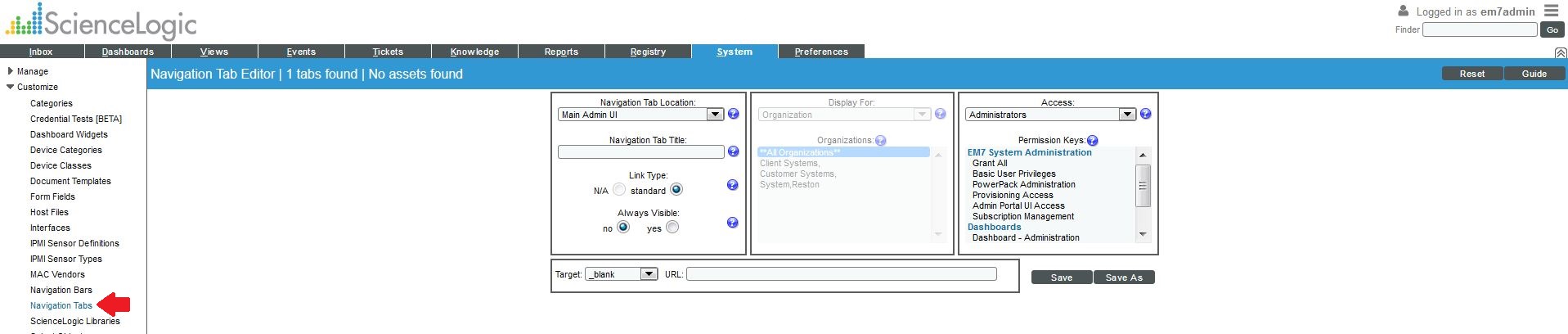 Creating or Deleting Custom Top-Level Tabs in the ScienceLogic Platform UI